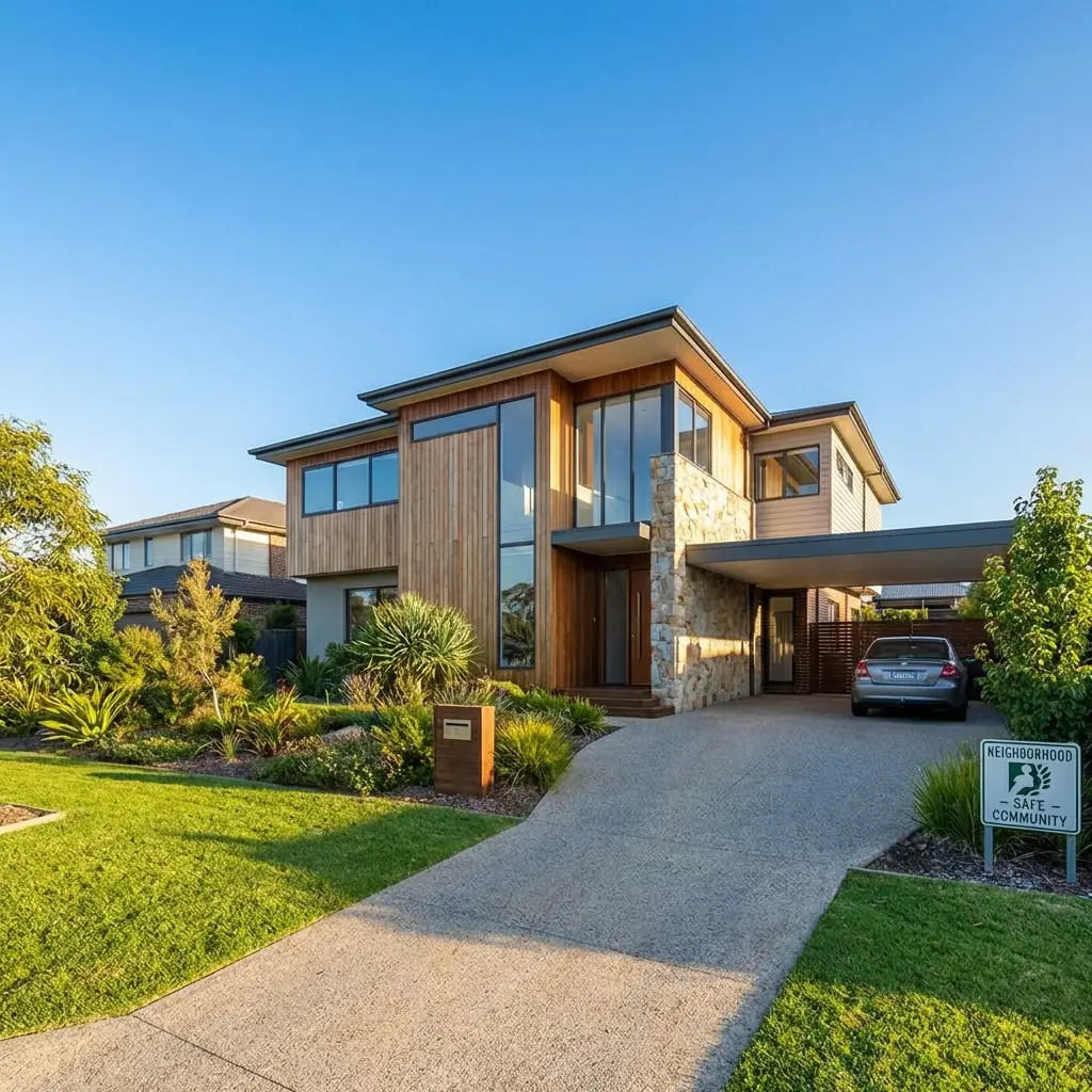 Two-storey suburban house with timber cladding, a stone feature wall and a concrete driveway