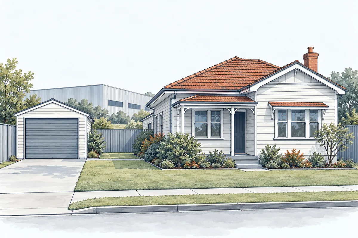 Illustration of a house, detached garage, boundary fence and warehouse.